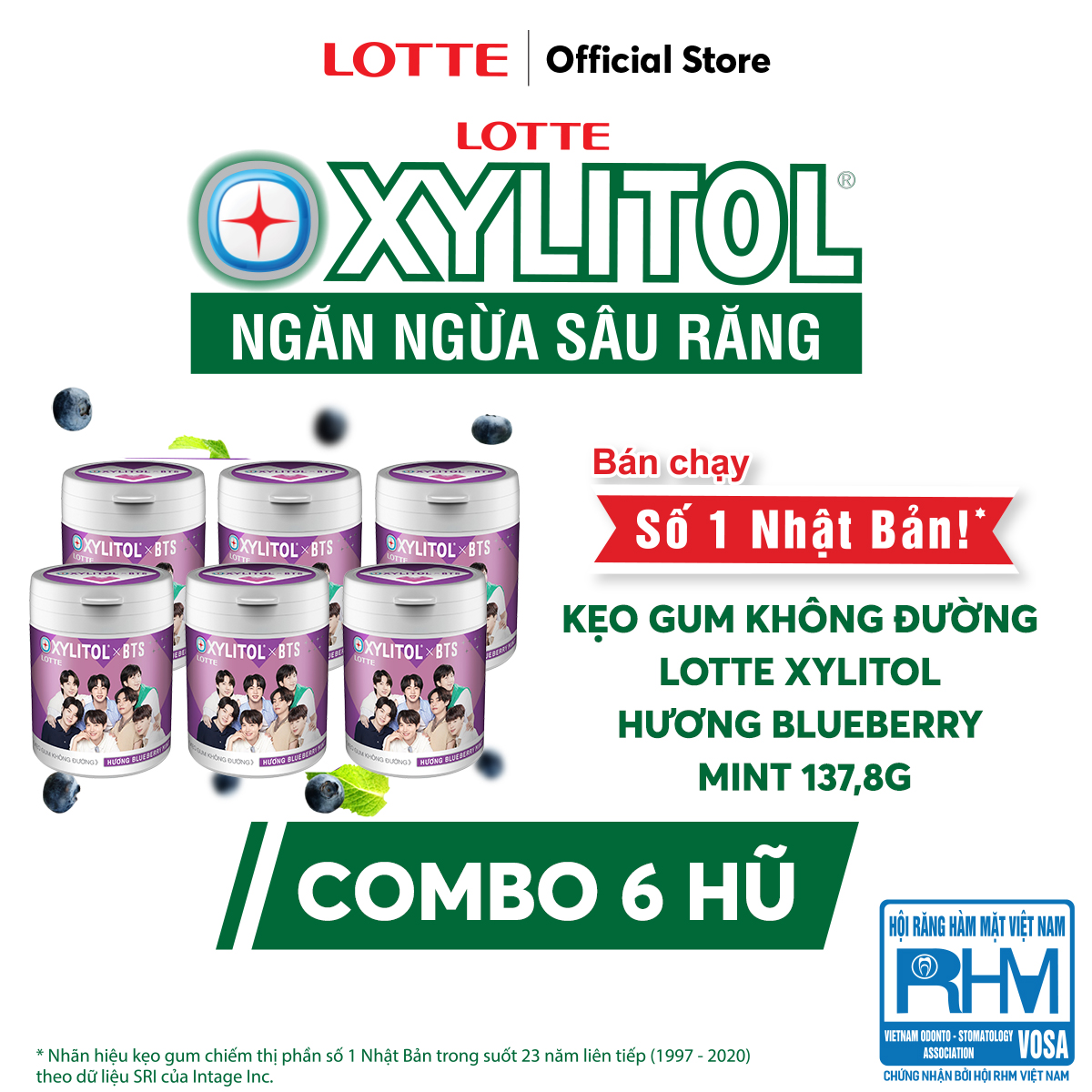 Combo 6 hũ Kẹo Gum không đường Lotte Xylitol - Hương Blueberry Mint 130,5 g