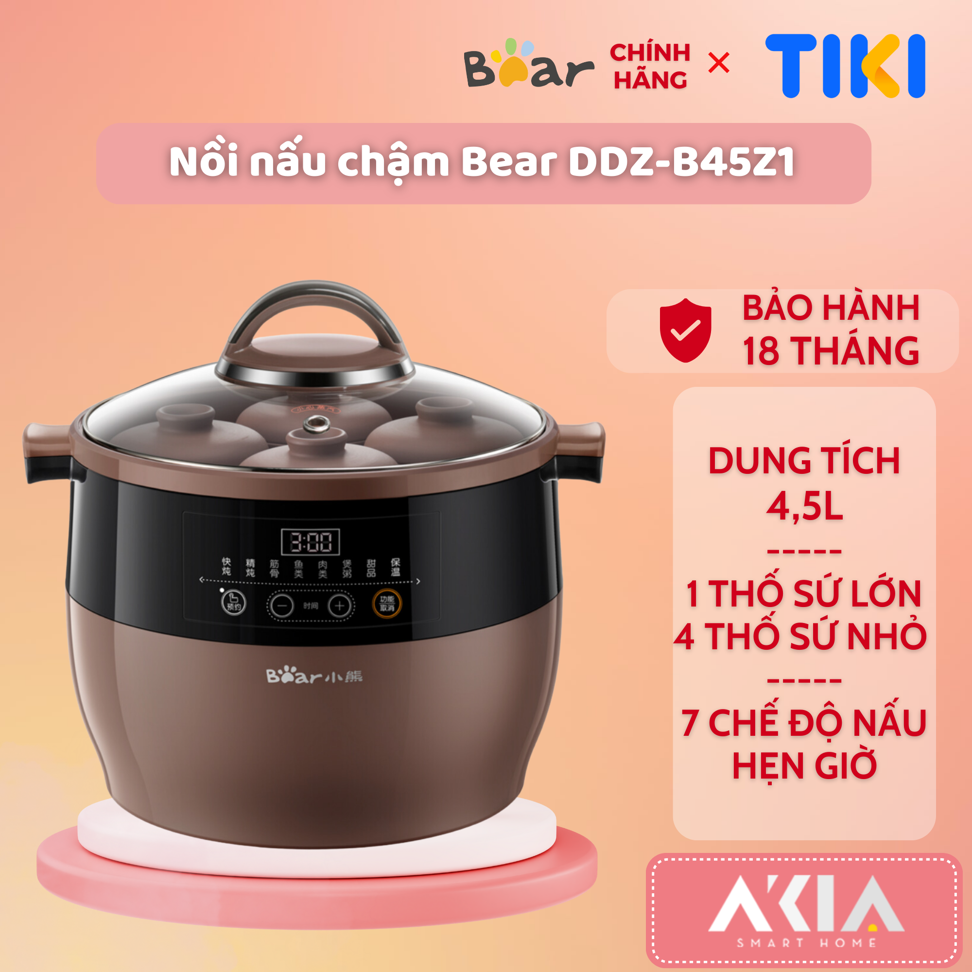 Nồi nấu chậm tử sa đa năng 4.5L Bear DDZ-B45Z1 - Tặng kèm 1 Thố sứ lớn và 4 Thố sứ nhỏ, Hầm thức ăn mềm, Hẹn giờ - Hàng Chính Hãng