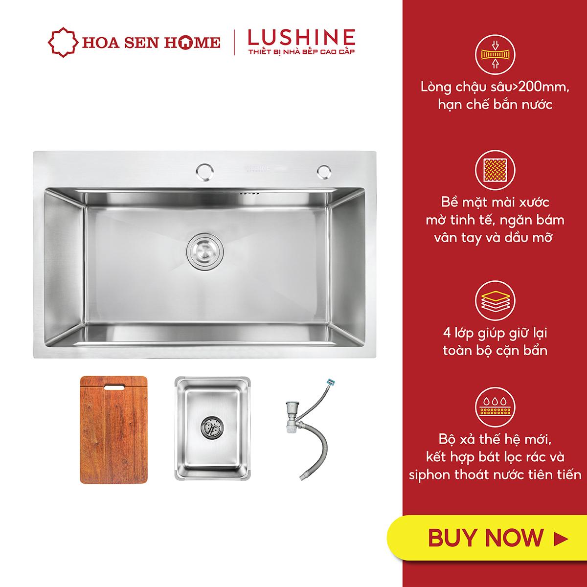 Bộ chậu rửa chén INOX 304 LUSHINE D004 công nghệ tạo hình thủ công, bề mặt mài xước láng mịn, chống xước bền bỉ - Hoa Sen Home - Hàng chính hãng