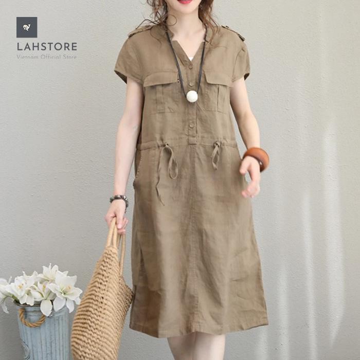 Đầm bầu linen cổ V túi hộp dây thắt eo LAHSTORE kiểu dáng Hàn Quốc