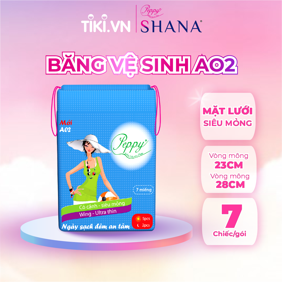 Băng vệ sinh AO2 siêu mỏng nhẹ mặt lưới có cánh - Dùng cho ngày , đêm 7 miếng/gói