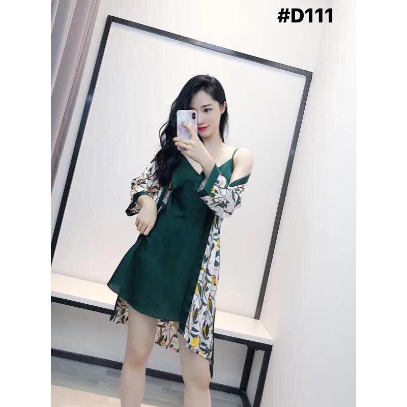 Set Đầm Ngủ Lụa D111 2 Dây Phối Áo Choàng Hoạ Tiết  Sang Trọng