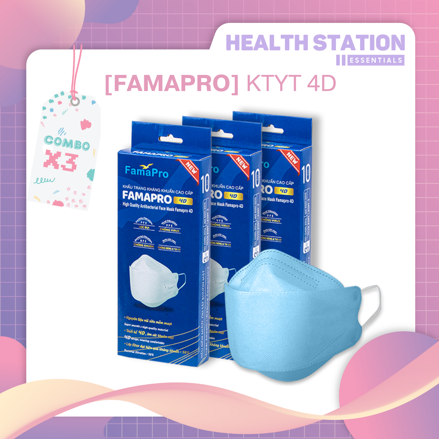 [FAMAPRO - 4D 10 CÁI/ HỘP] Khẩu trang y tế kháng khuẩn cao cấp Famapro 4D đạt tiêu chuẩn KF94