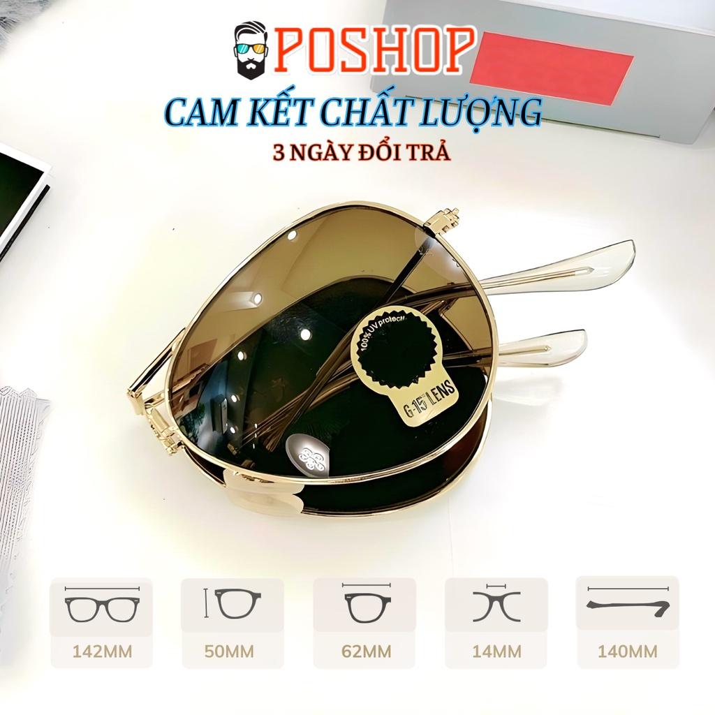 Kính mát nam nữ POSHOP gọng kim loại gấp xếp gập gọn kiểu phi công cổ điển tròng thuỷ tinh cường lực chống uv400 R3479