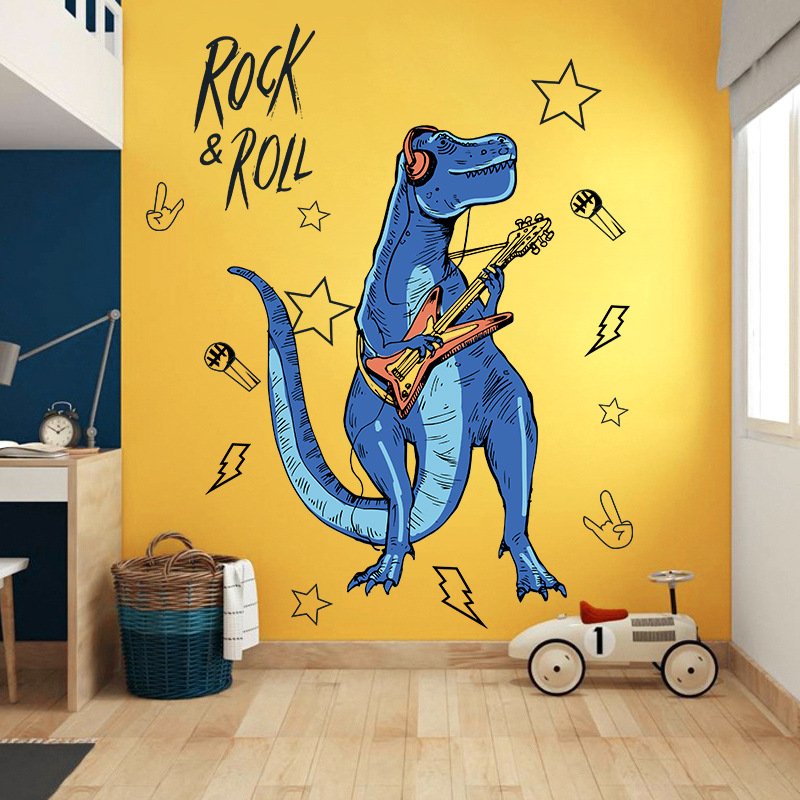 Decal dán tường khủng long xanh Rock and Roll sôi động
