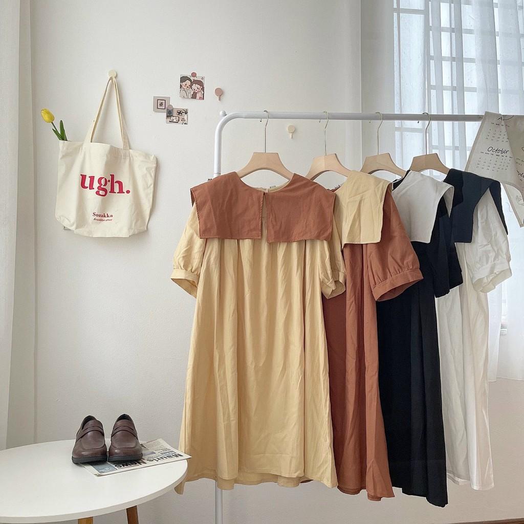 Váy suông cổ kiểu vuông phối màu, đầm xuông rộng freesize 3 màu cam, đen, trắng mã V222 - Michi's House