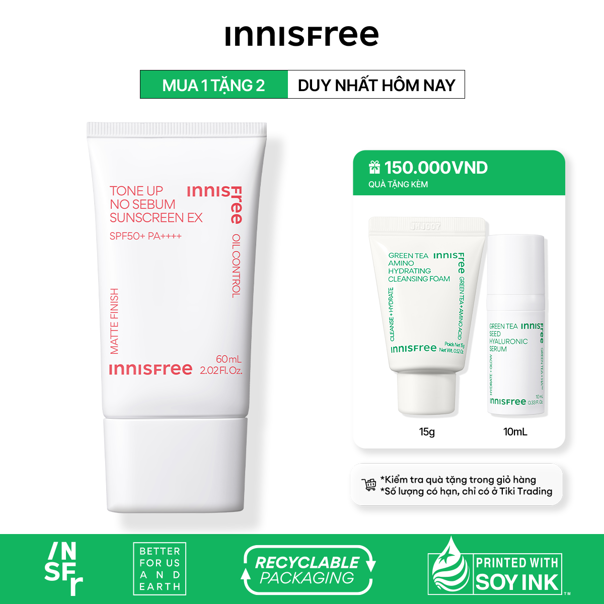 Kem chống nắng nâng tông kiềm dầu innisfree Tone Up No Sebum Sunscreen EX SPF 50+ PA++++ 60 mL (New 2023)