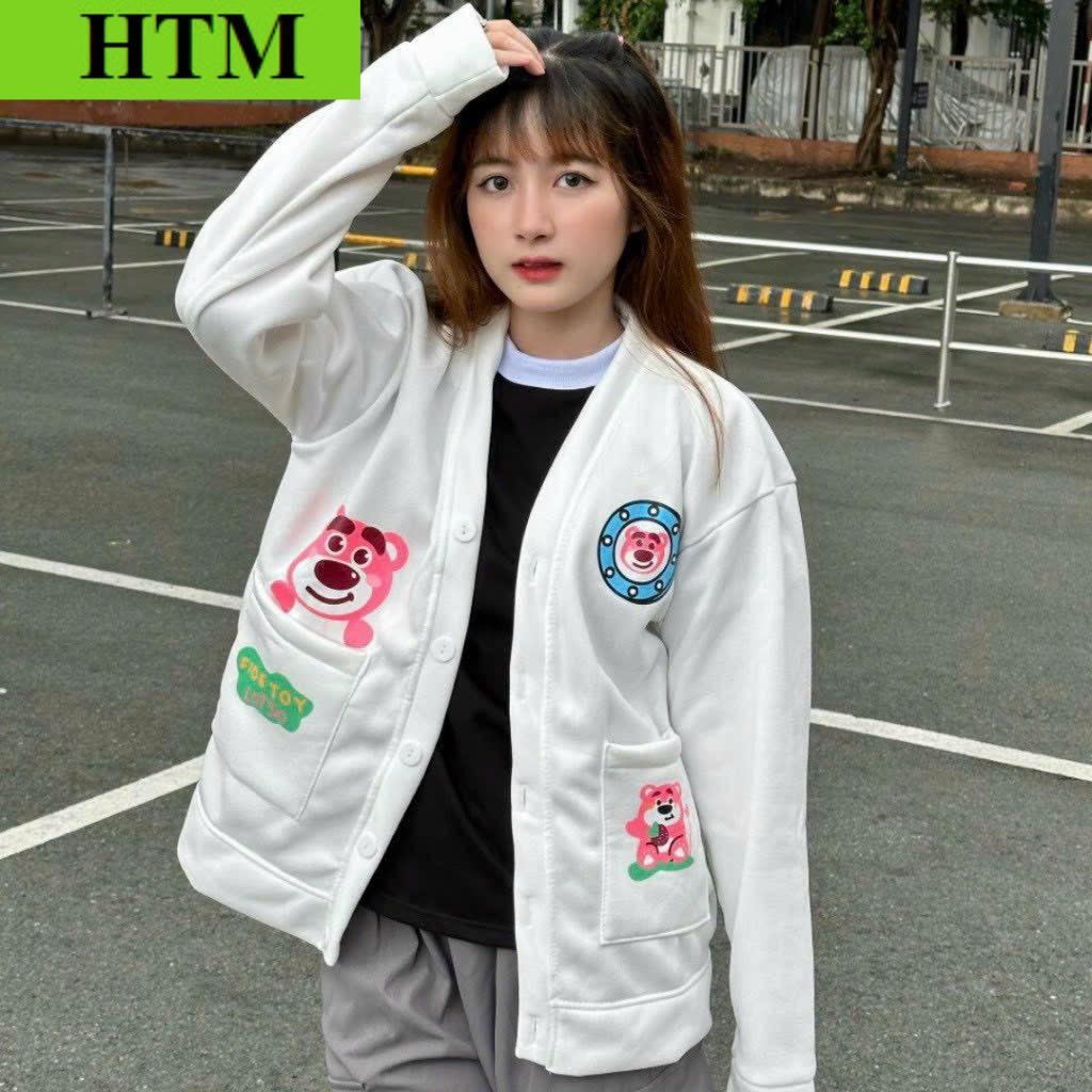Áo Khoác Nỉ Cardigan nữ Unisex Trước Áo Có In Hình Gấu Dâu Dễ Thương HTM FASHION