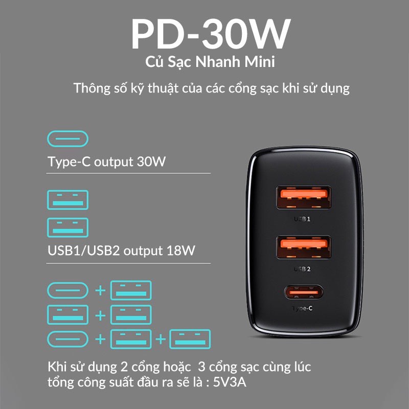 Củ sạc nhanh pd30w Baseus 3 cổng usb type c - cốc sạc cao cấp cho iphone 12 samsung,....vv - hàng chính hãng