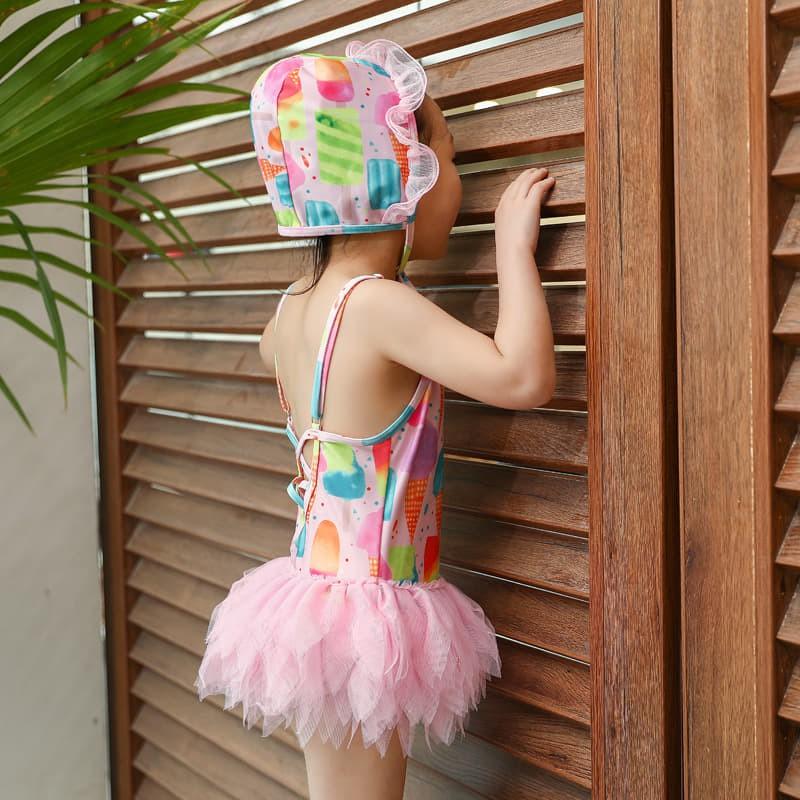 Bikini,bộ bơi bé gái liền thân phối ren kèm mũ xinh xắn