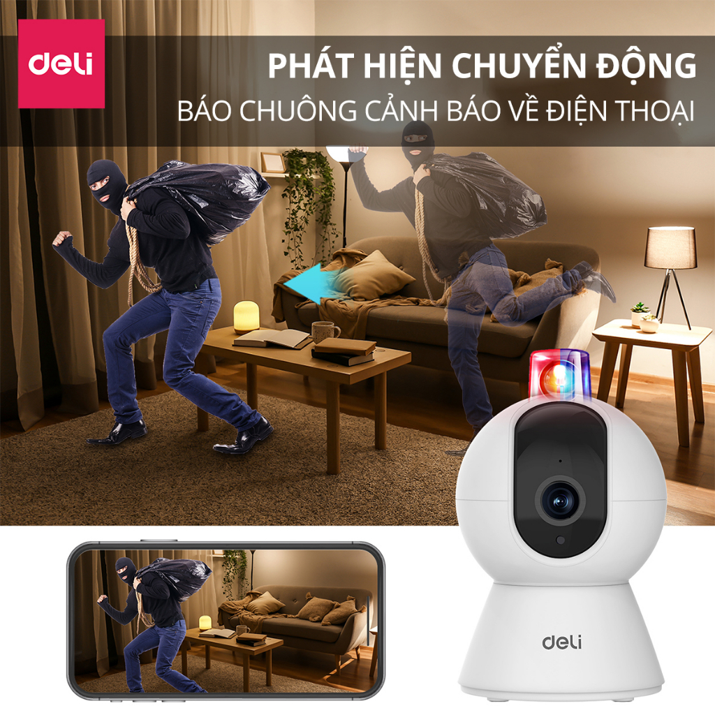 Camera Wifi IP DELI Full HD 2M Xoay 360 Độ Giám Sát Gia Đình, Văn Phòng, Điều Khiển Từ App Kèm Thẻ Nhớ 128GB - Hàng Chính Hãng - ES105