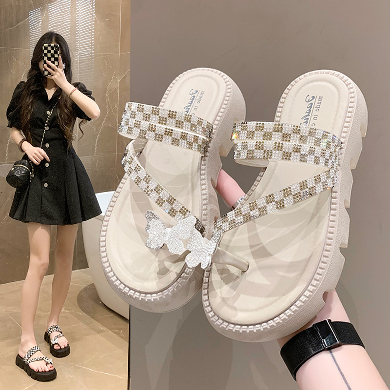 Dép sandal nữ đế cao 5cm xỏ ngón quai đính đá đế êm đi biển đi chơi cực xinh N230