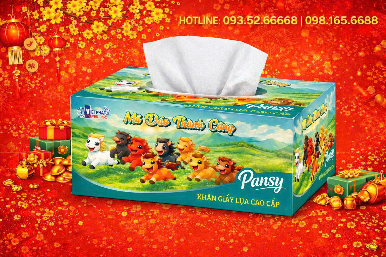 COMBO 5 HỘP KHĂN RÚT PANSY TẾT "MÃ ĐÁO THÀNH CÔNG" CAO CẤP