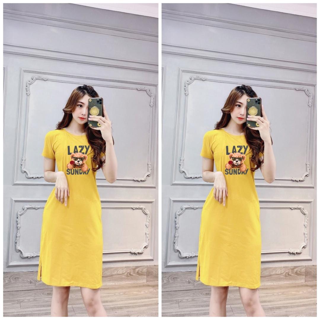 Đầm thun nữ suông xẻ tà in hình Gấu Lazy Sunday thun cotton 4 chiều từ 40-55kg