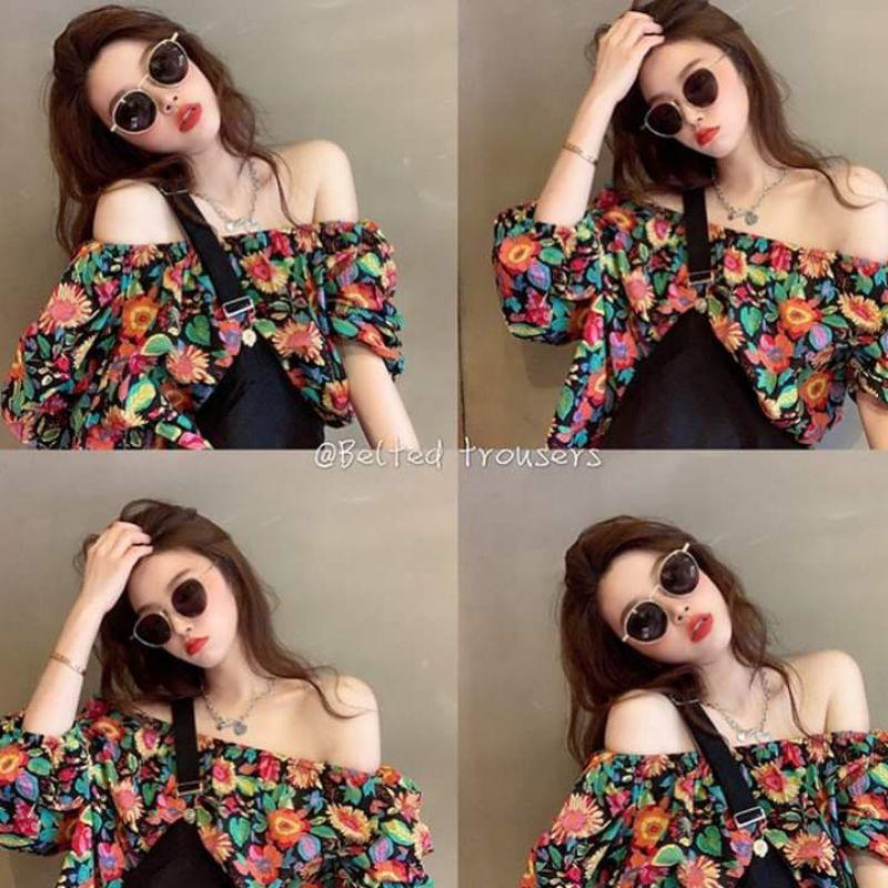 Áo hoa đen trễ vai