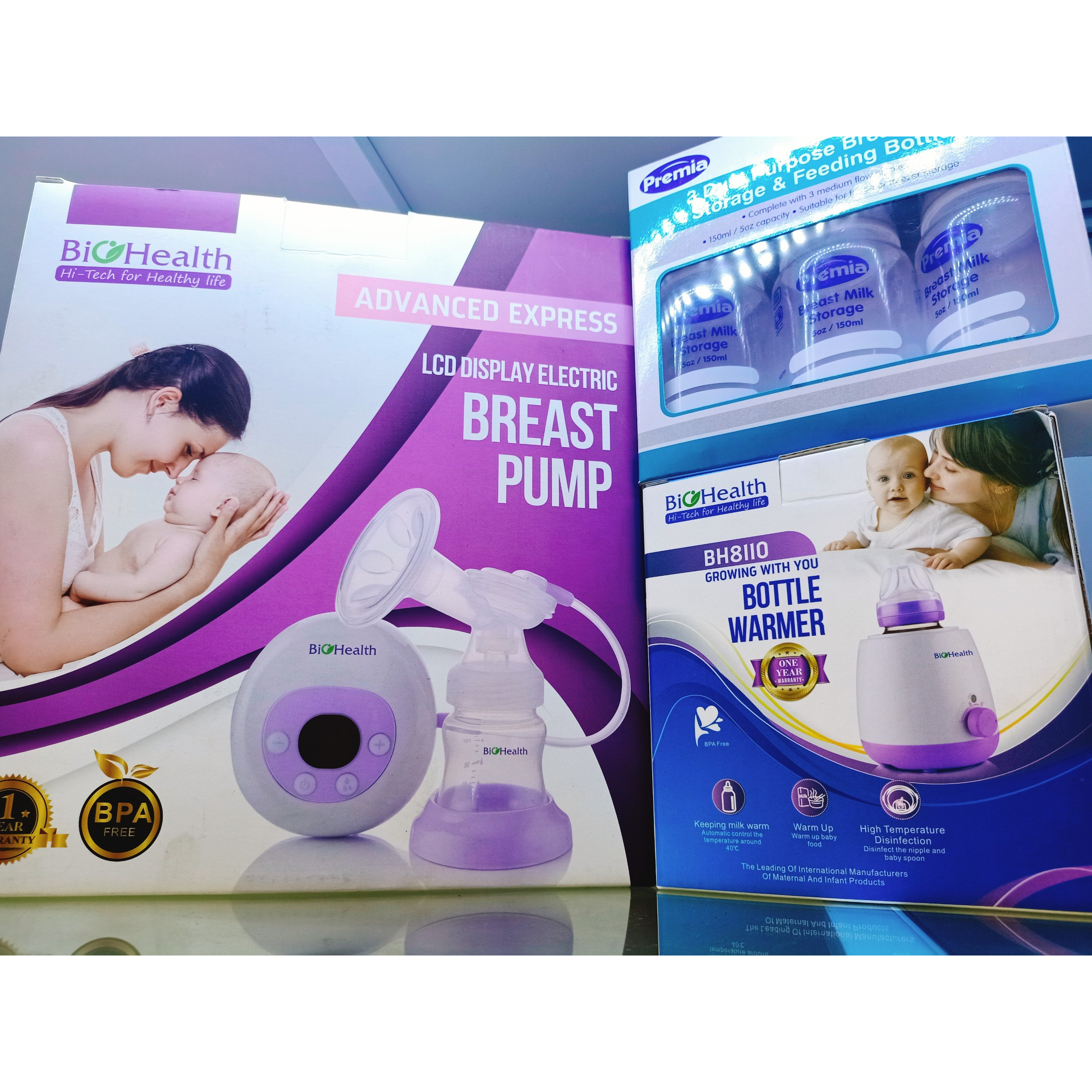 Combo trọn bộ Máy hút sữa điện đơn Biohealth tặng 1 Máy hâm sữa Biohealth và 1 bộ 3 bình trữ sữa 2 trong 1 Premia