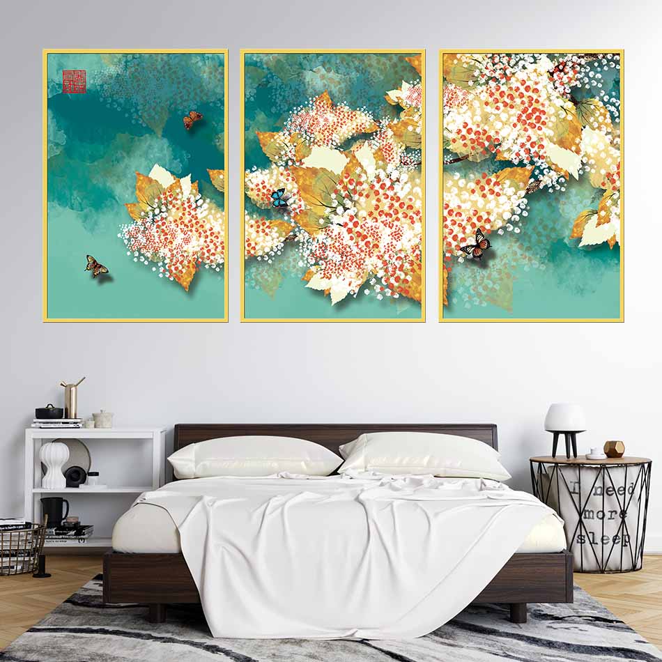 Bộ 3 tranh canvas treo tường Decor Họa tiết hoa lá cách điệu, phong cách tân cổ điển - DC034