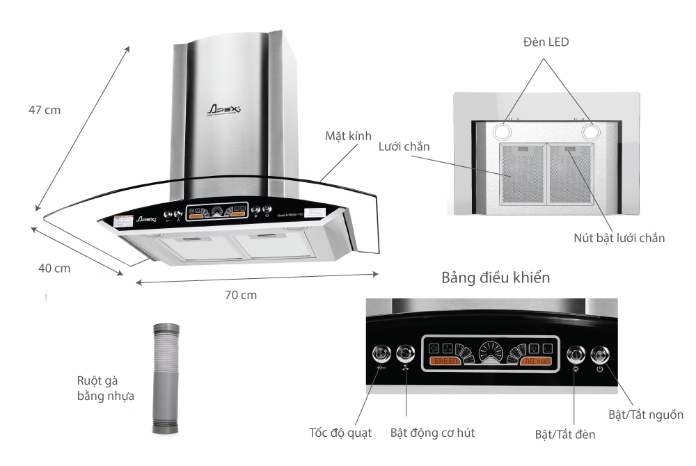 Máy Hút Mùi Kính Cong Sunhouse Apex APB6601-70C - Hàng chính hãng