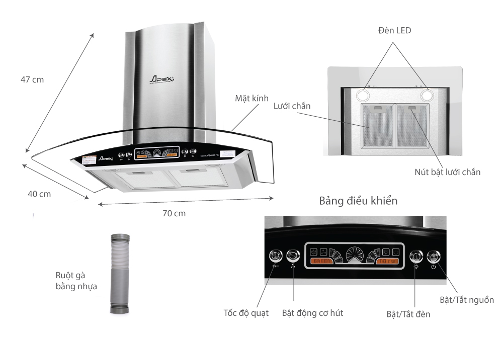 Máy Hút Mùi Kính Cong Sunhouse Apex APB6601-70C - Hàng chính hãng