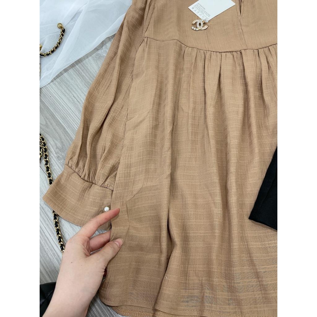 Sét áo babydoll thụng nâu xoè mix quần sooc đen trơn