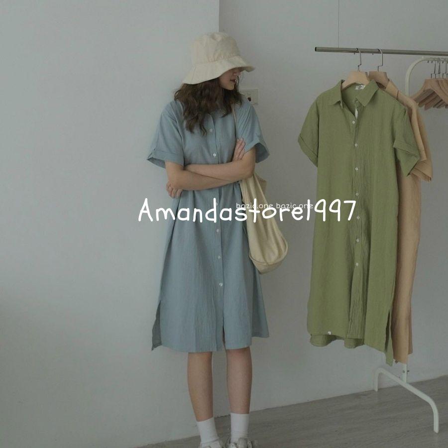 {Amanda} Váy sơ mi cộc tay from rộng vạt lệch hàn quốc, dây thắt nơ eo