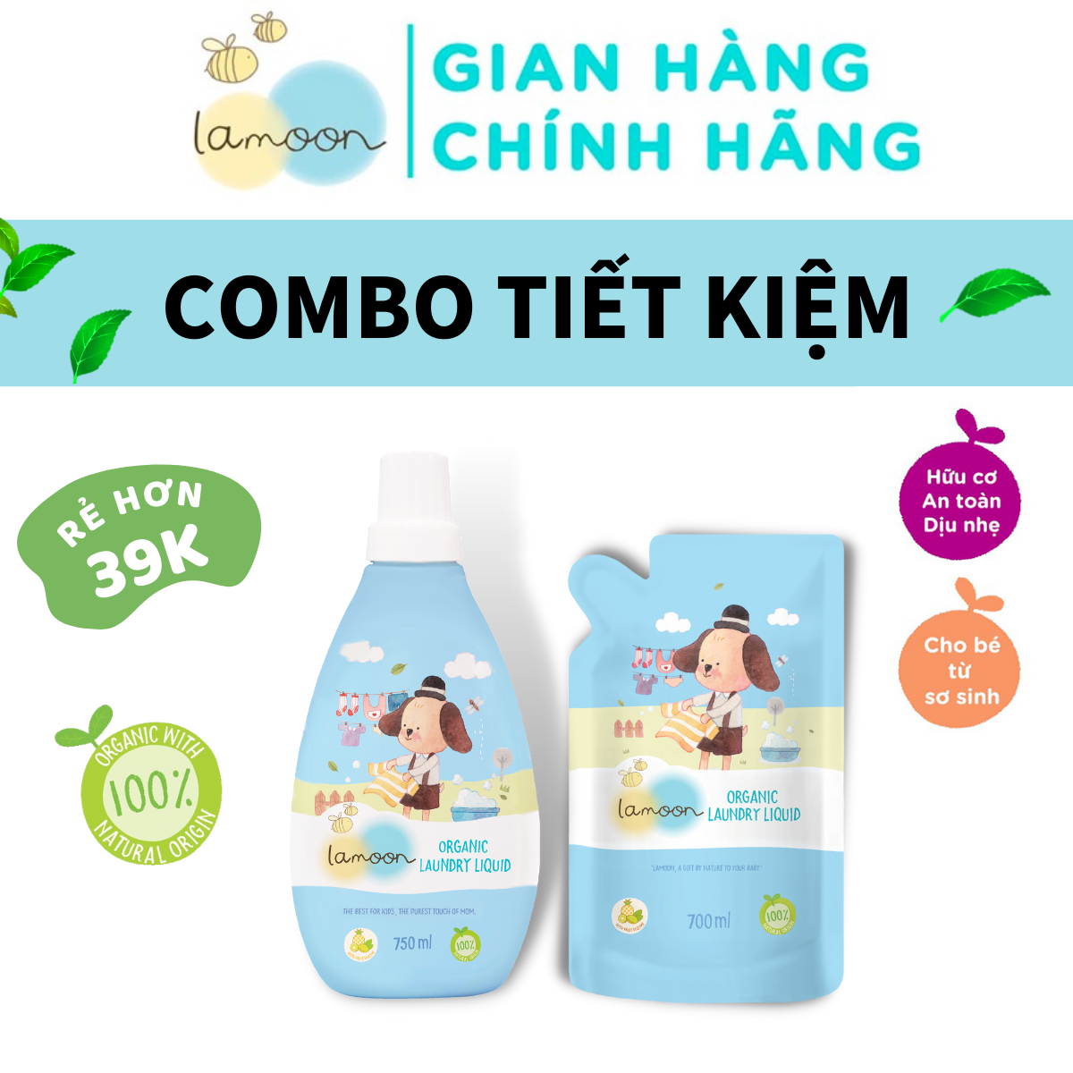 COMBO Nước giặt đồ sơ sinh Organic an toàn cho bé Lamoon Dạng Bình 750ml - Túi 700ml Refill