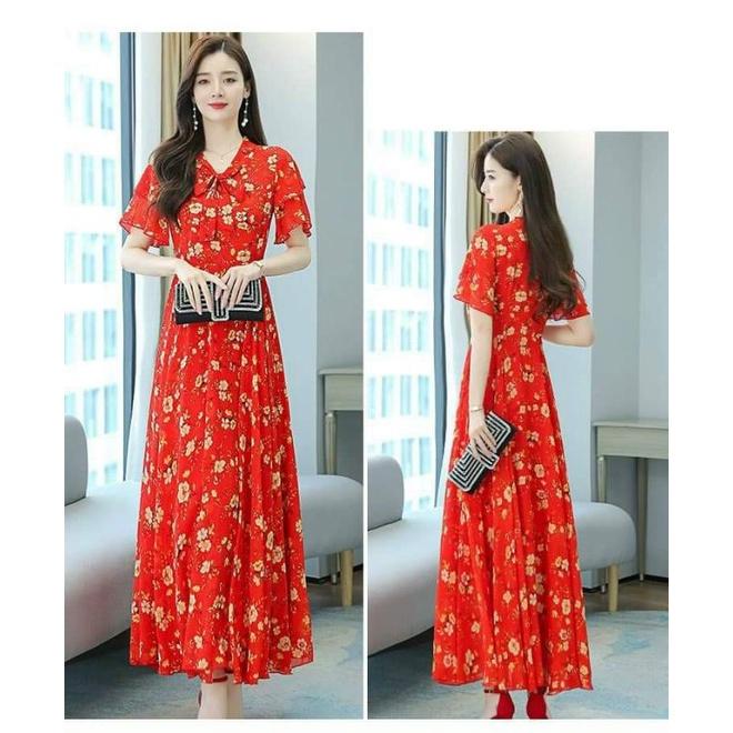 HÀNG NHẬP - ĐẦM XÒE VOAN HOA ĐỎ CỔ THẮT NƠ