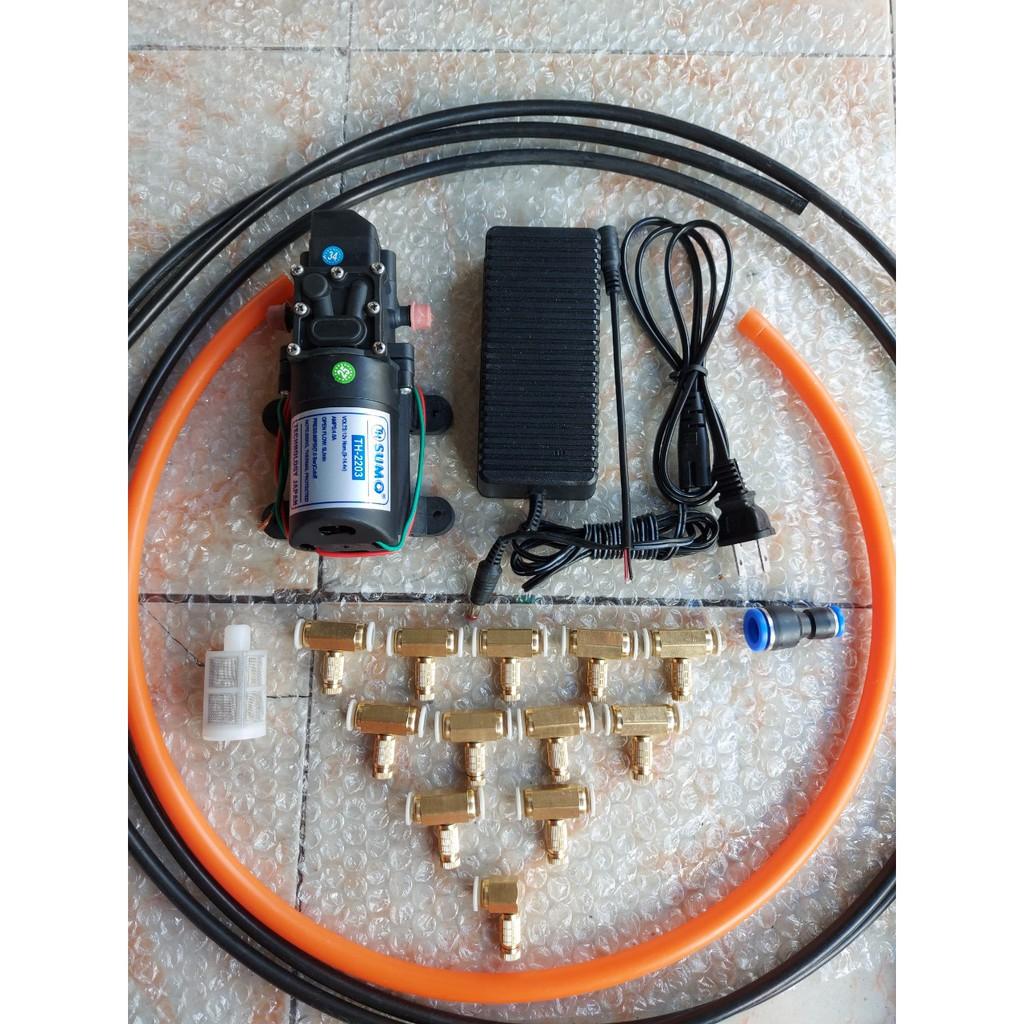 Bộ phun sương tưới lan.bộ bơm sumo Đen kèm nguồn 12v_5a. 15m dây phun.10 béc đồng.giúp làm dịu mát căn nhà và vườn