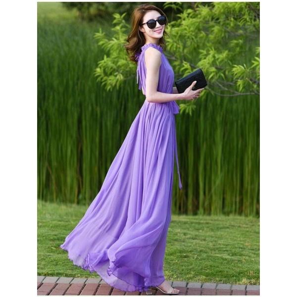 Maxi dài cổ xếp ly cột nơ eo xinh lung linh