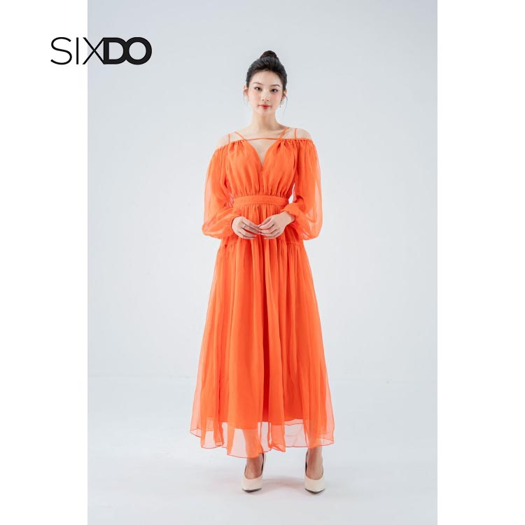 Đầm chiffon trễ vai phối dây thời trang SIXDO