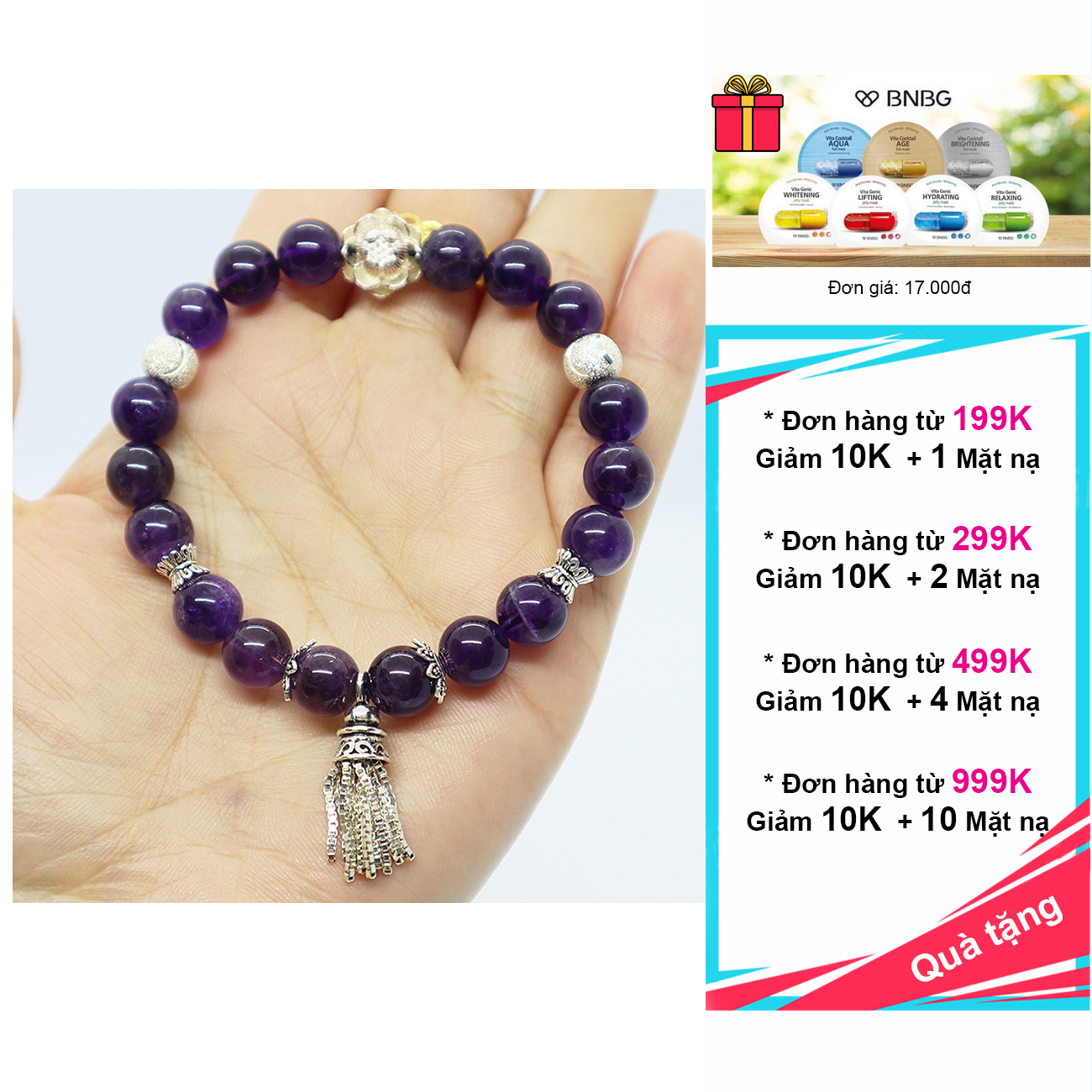 Vòng đá thạch anh tím 8mm charm bạc 925 cao cấp