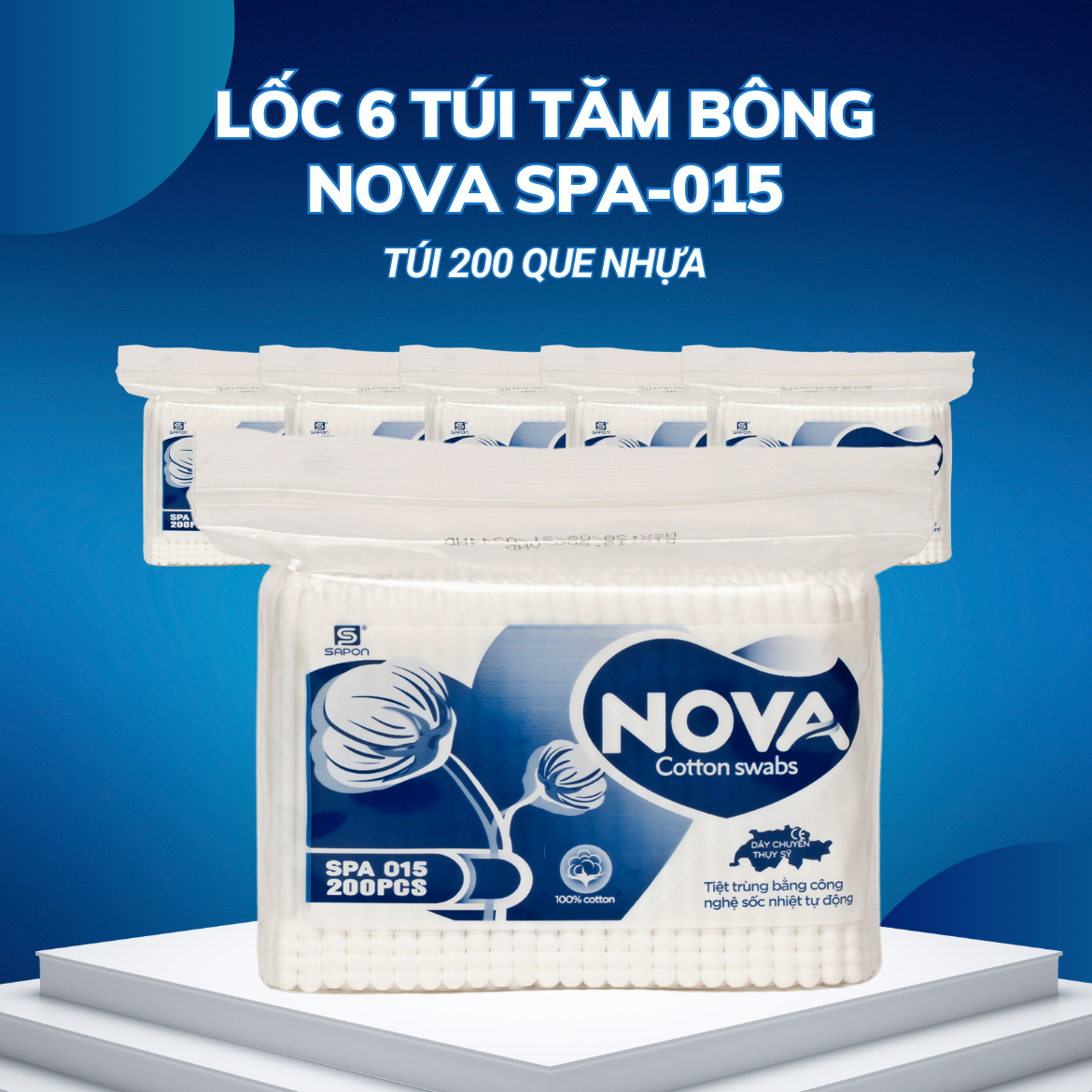 Lốc 6 túi Tăm bông Nova người lớn thân nhựa túi 200 que SPA-015