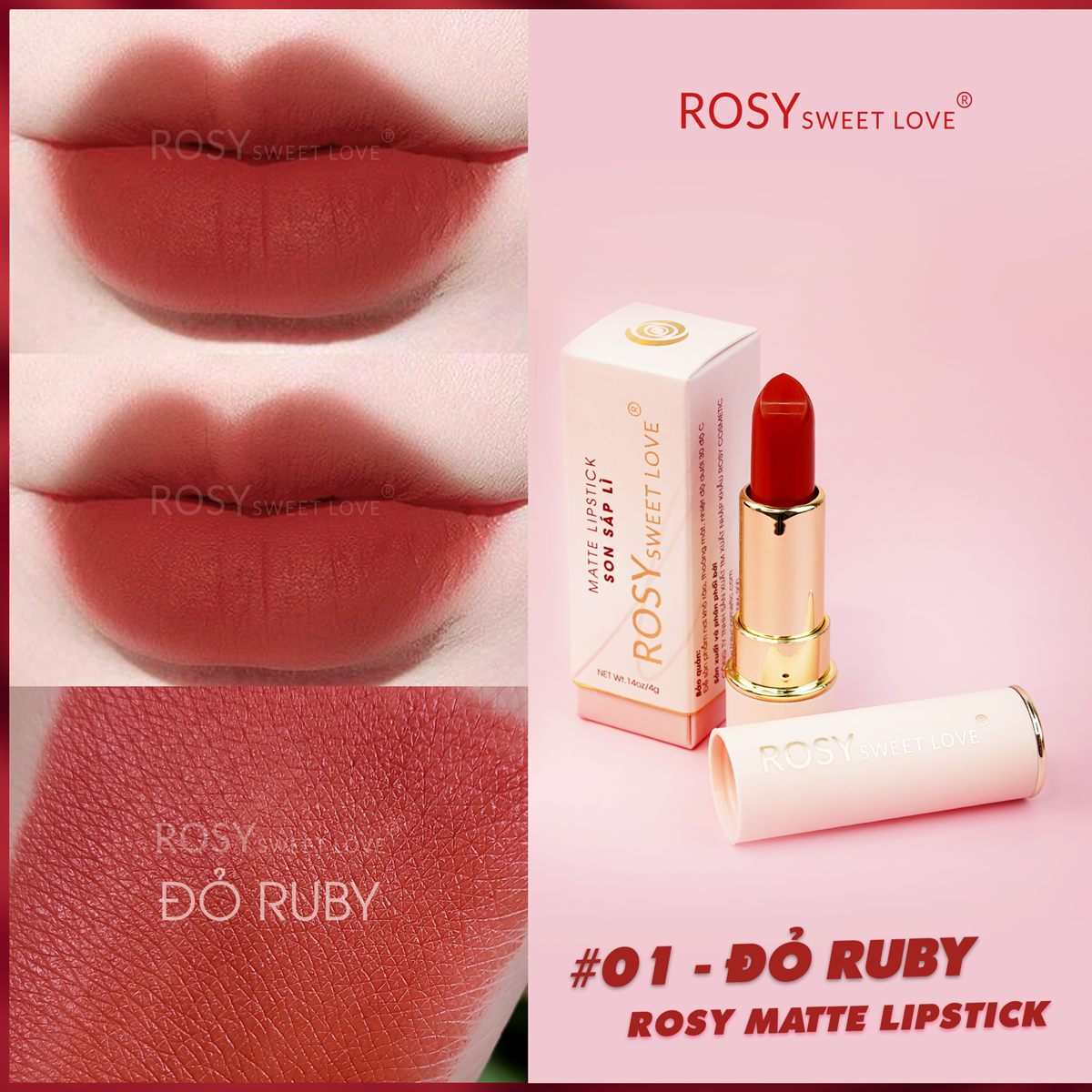 Son sáp lì Rosy, Không Chì, Lâu Trôi, Bền Màu, Mềm Môi, An Toàn cho cả Mẹ Bầu, Son môi lì không chì Rosy