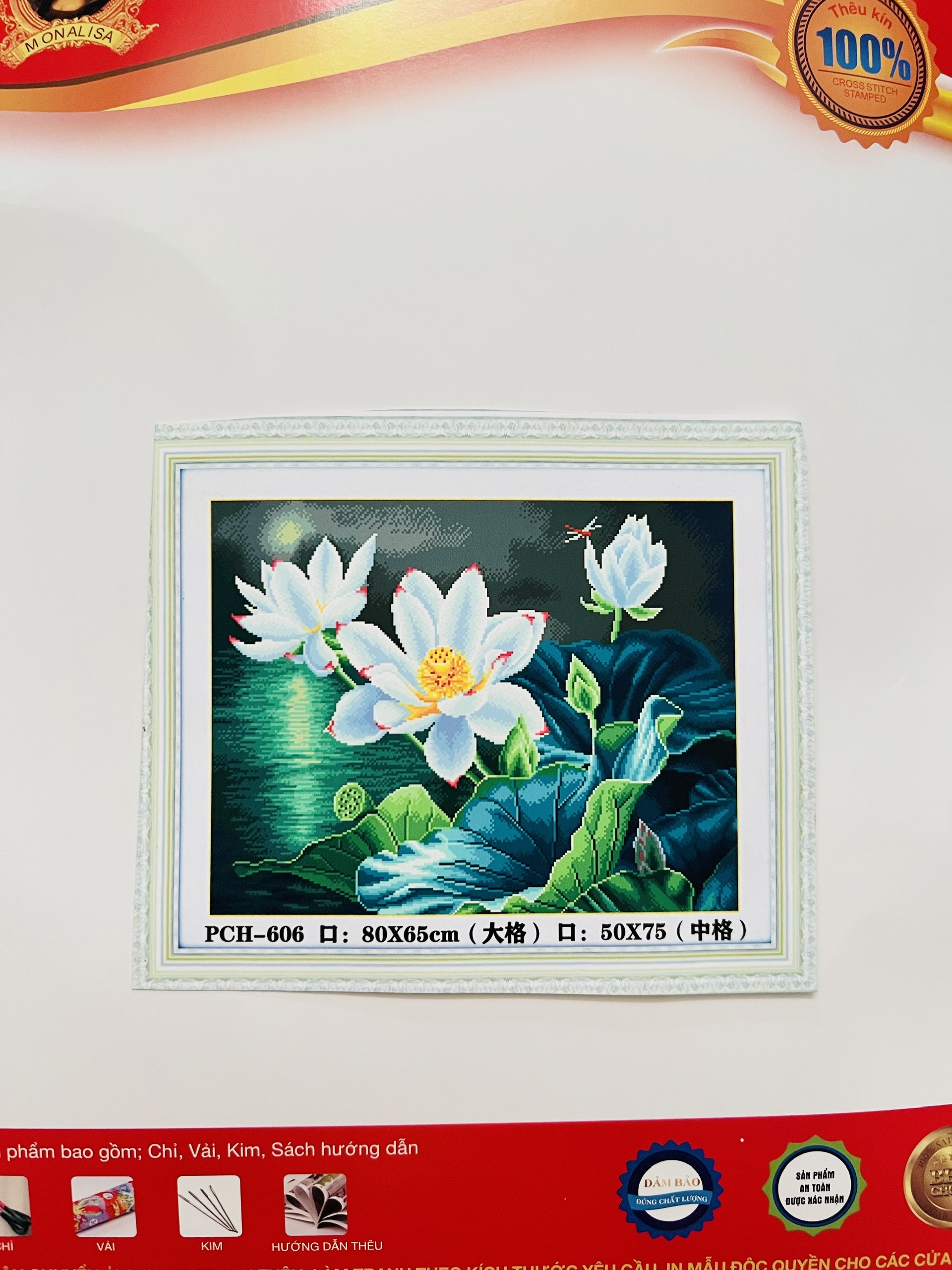 Tranh thêu kín chữ thập Hoa sen 606, kích thước 75*50 cm