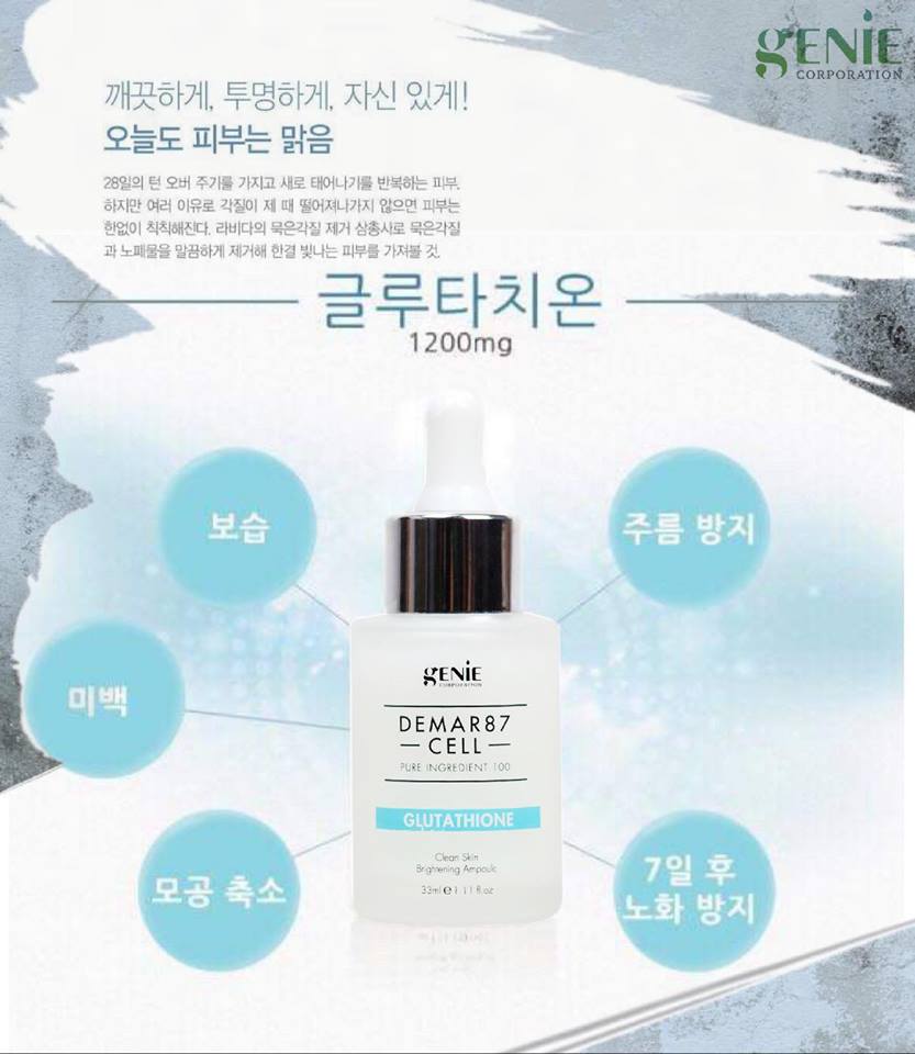 Serum truyền trắng da mờ thâm nám, sạm da, trẻ hóa da giúp da căng bóng sáng mịn Genie  Demar87 Cell Glutathione Korea 33ml