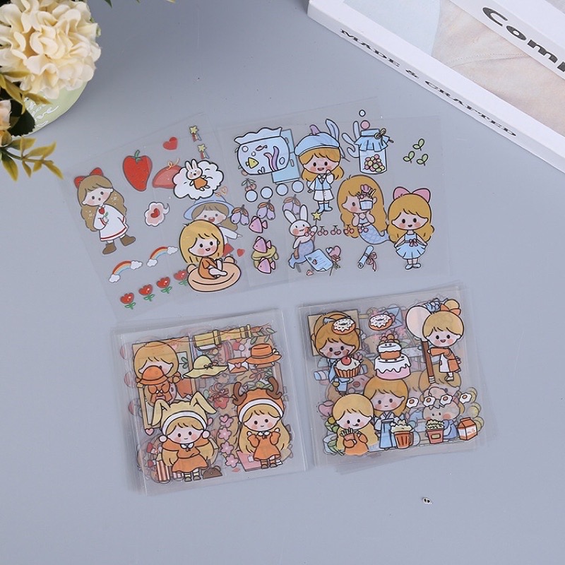 Tách Lẻ 30 tờ sticker size 8x8cm hình cô gái và bé thỏ dễ thương trang trí