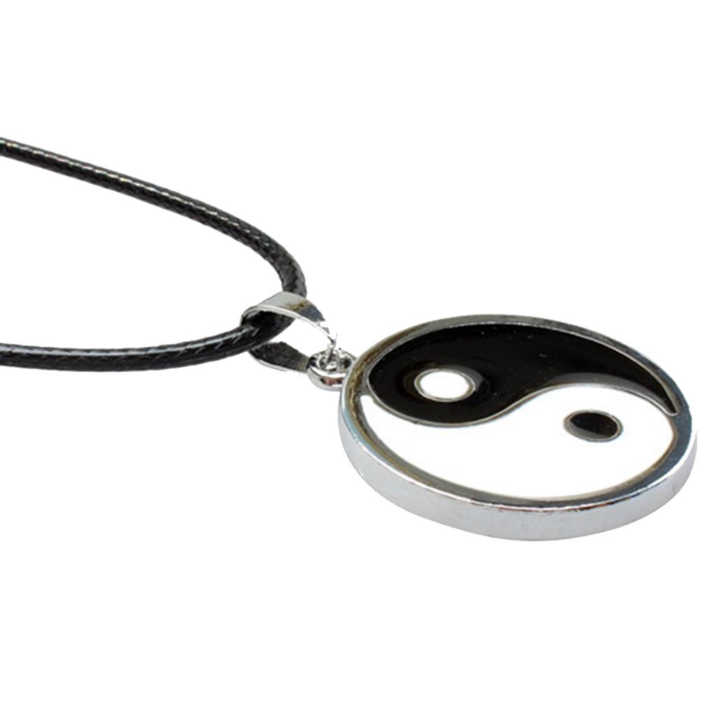 Metal Round Yin Yang Pendant on Adjustable PU Leath Cord Necklace Chain 20"