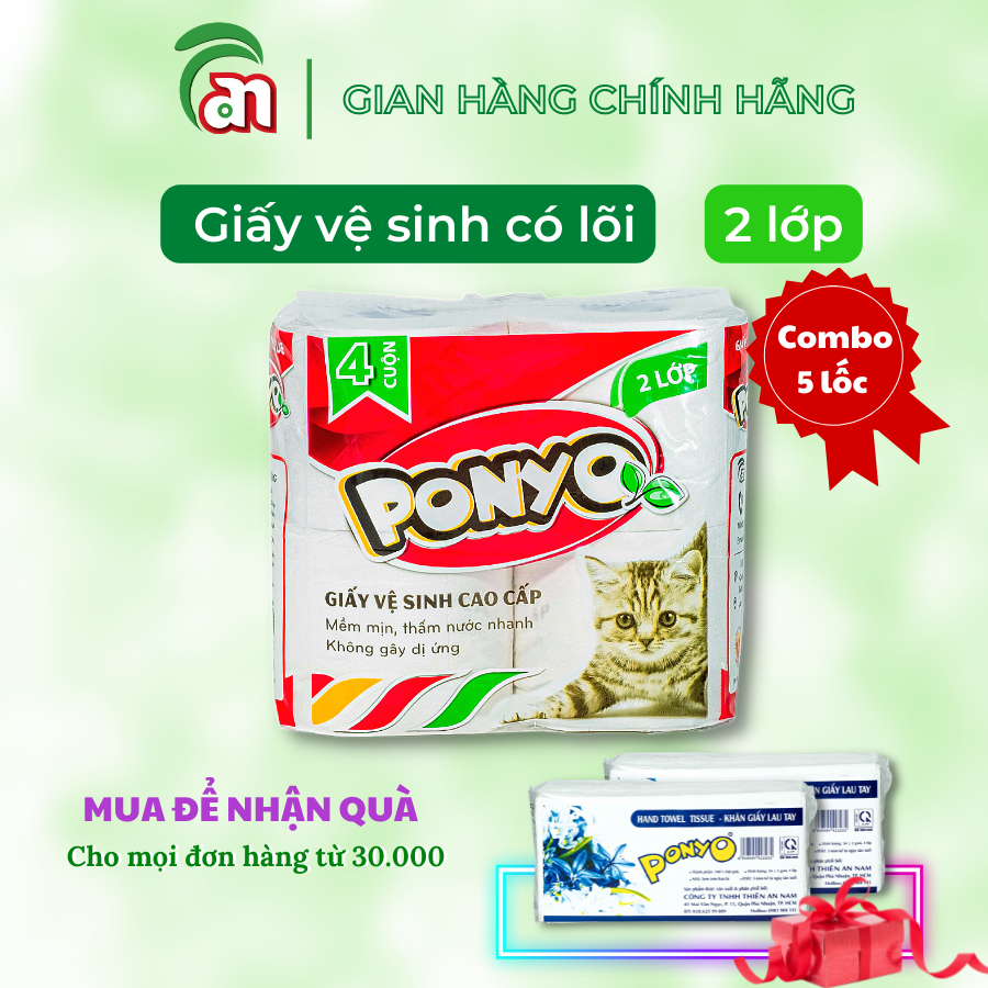 Combo 5 lốc Giấy vệ sinh cuộn nhỏ có lõi cao cấp, mềm mịn, dễ tan trong nước PONYO 2 lớp 4 cuộn/lốc - Thiên An Nam paper