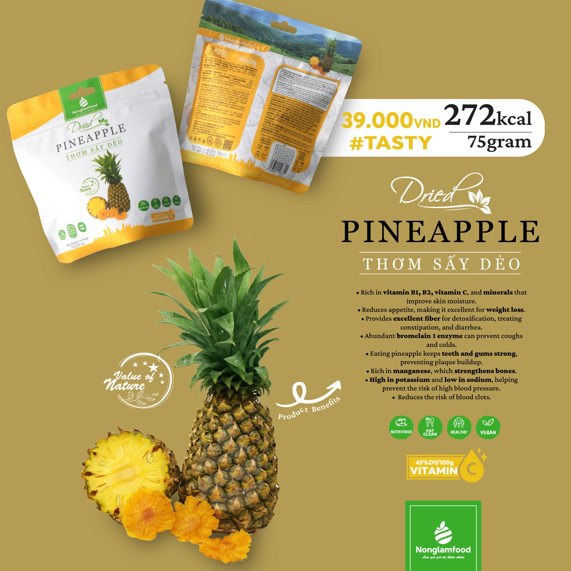 Combo 10 túi Thơm Sấy Dẻo Nonglamfood túi 75g | Ăn vặt tốt cho sức khỏe | Healthy Snack | Ăn vặt văn phòng | Ăn vặt nổi tiếng Sài Gòn | Trái cây sấy dẻo dinh dưỡng ăn liền | Ăn vặt giảm cân & giữ dáng