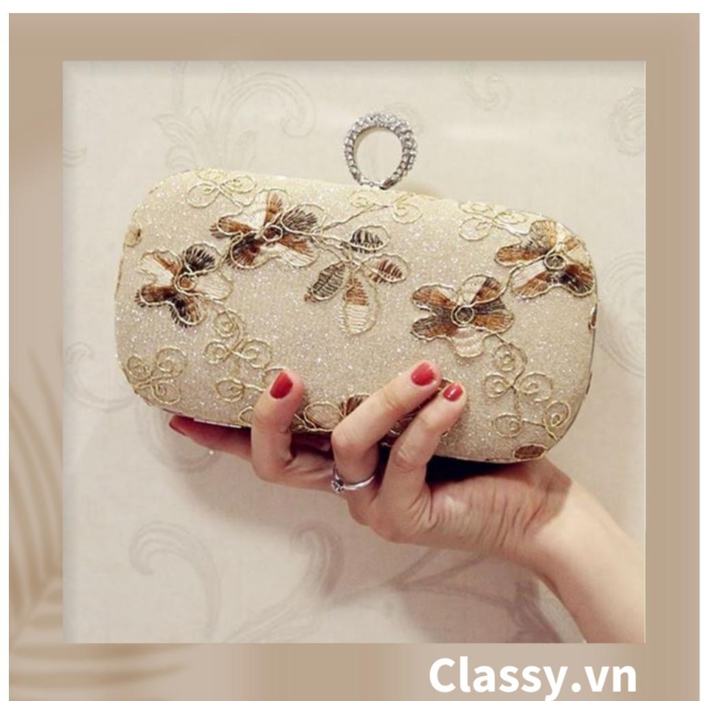 Clutch Classy cầm tay xỏ ngón thêu hoa thanh lịch trang nhã dành cho tiệc tối, mặc áo dài, dự sự kiện