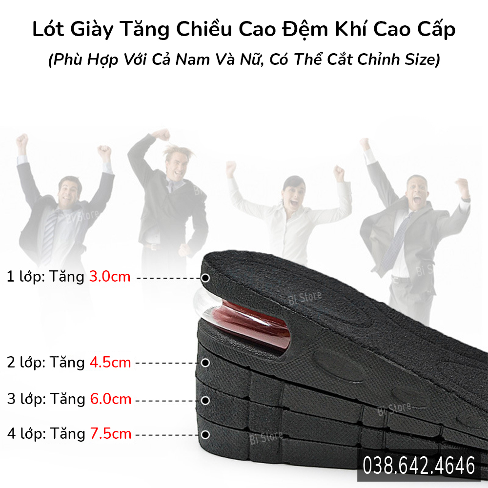 [Bán theo cặp] Lót giày tăng chiều cao 1,5 - 7,5cm có đệm khí cao cấp, thấm hút mồ hôi, thoáng khí, phù hợp với cả nam và nữ, chống trơn trượt (Cắt chỉnh size được tuỳ ý)