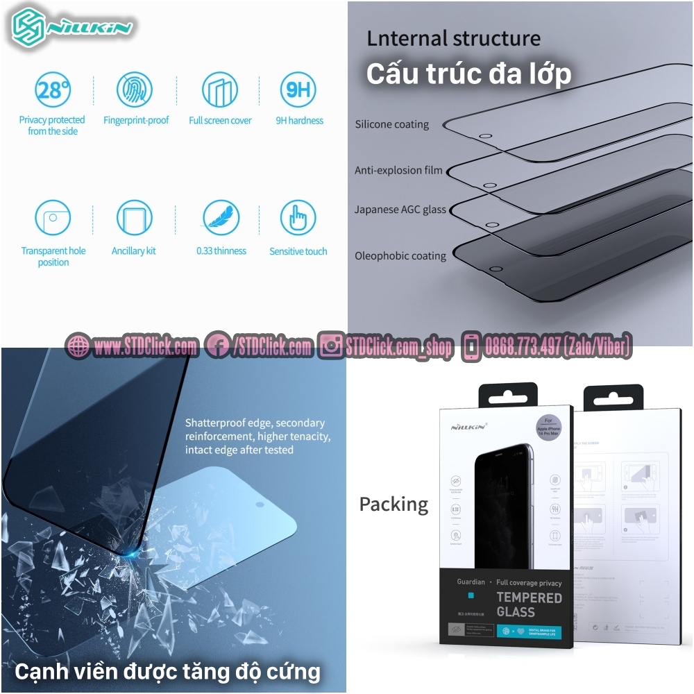 KÍNH CƯỜNG LỰC DÀNH CHO ĐIỆN THOẠI IPHONE 14 PRO MAX NILLKIN GUARDIAN CHỐNG NHÌN TRỘM