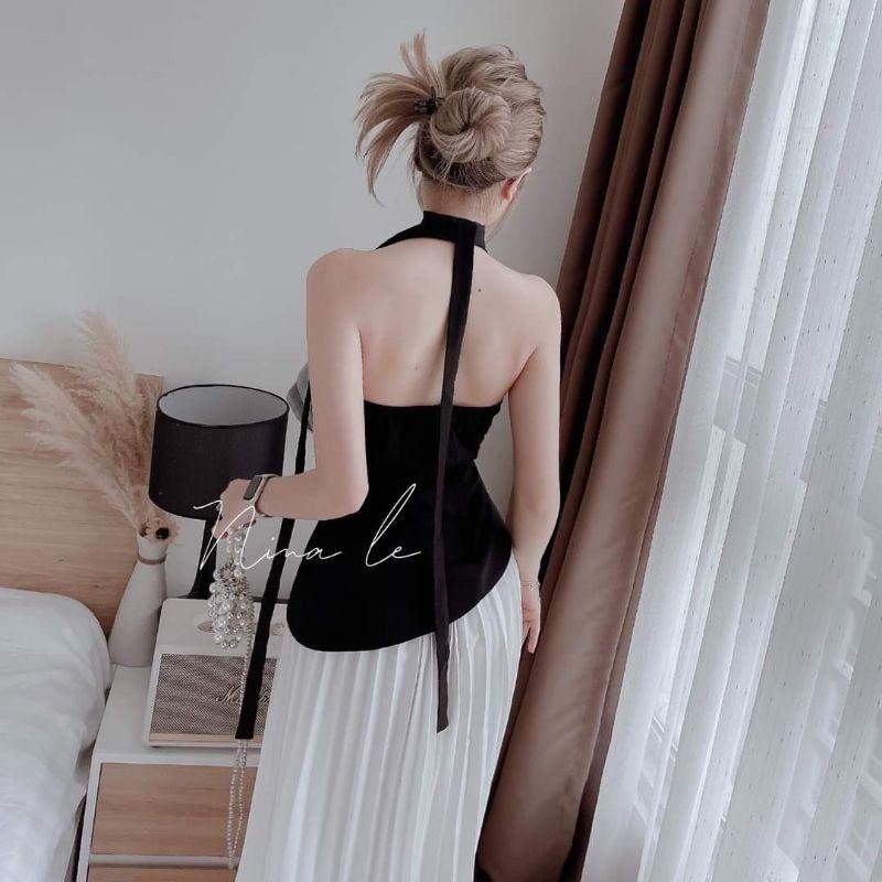 SET BỘ ÁO CỔ YẾM XẾP TẦNG BÈO VỚI CHÂN VÁY DÀI
