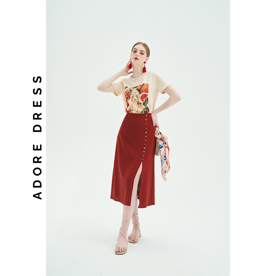 Chân váy Midi Skirts Tuytsy trơn Cam cháy và đen  khuy Sườn 313SK2015 ADORE DRESS
