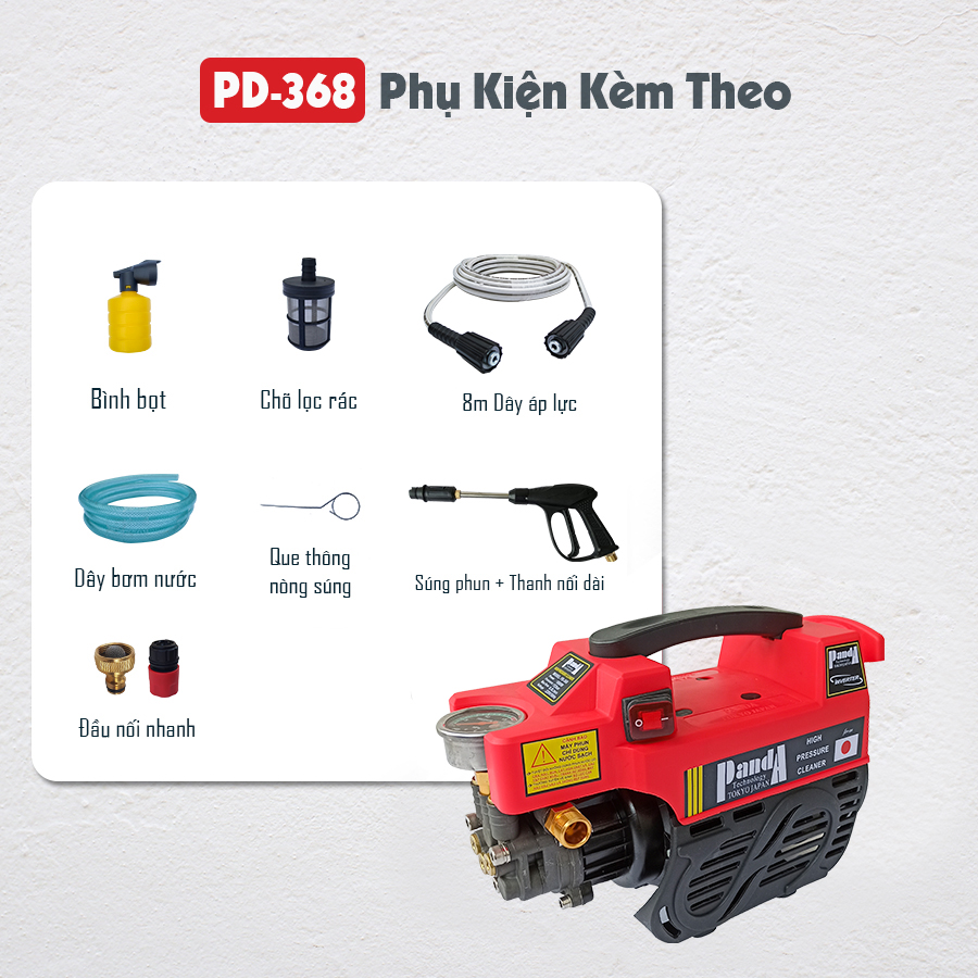 Máy Rửa Xe Panda PD-368, 1880W, máy phun áp lực dùng cho gia đình, công nghệ Nhật Bản
