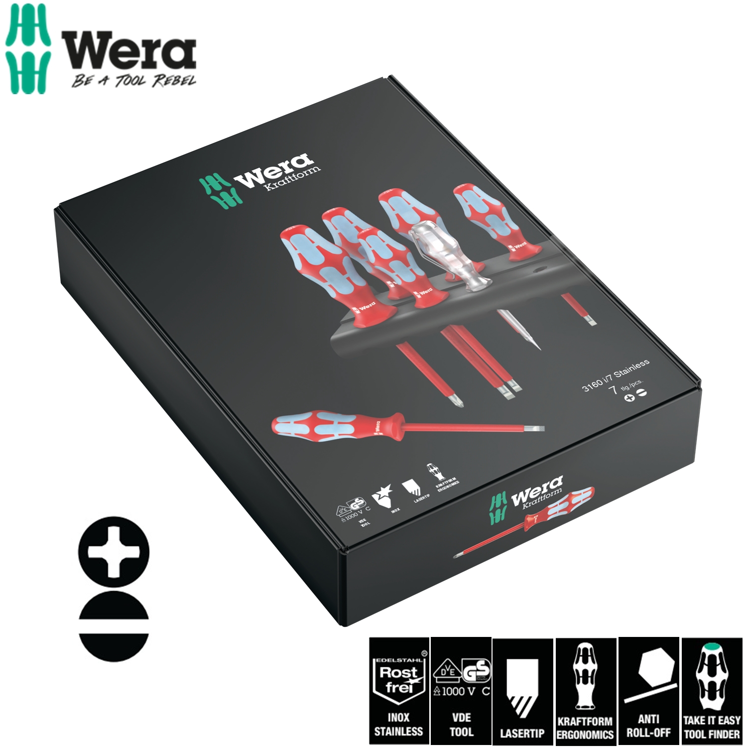 Bộ tua vít thép không gỉ cách điện 3160 i/7 Screwdriver set, stainless and rack Wera 05022728001