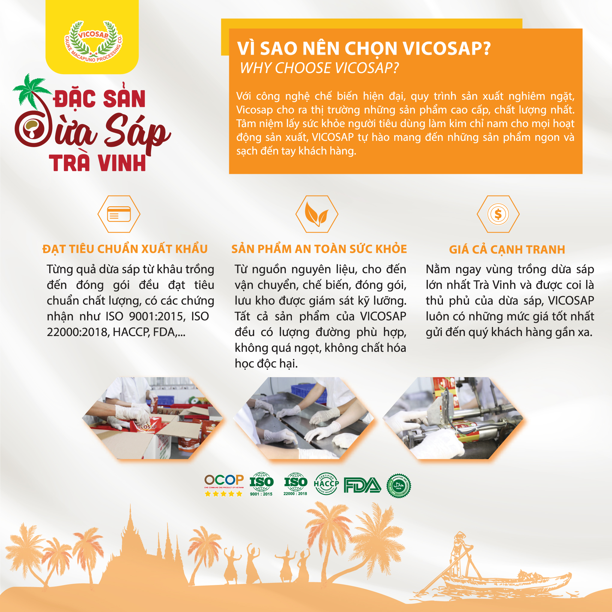 Dừa sáp sấy giòn cao cấp VICOSAP ít đường đồ ăn vặt healthy đặc sản Trà Vinh hộp 50g