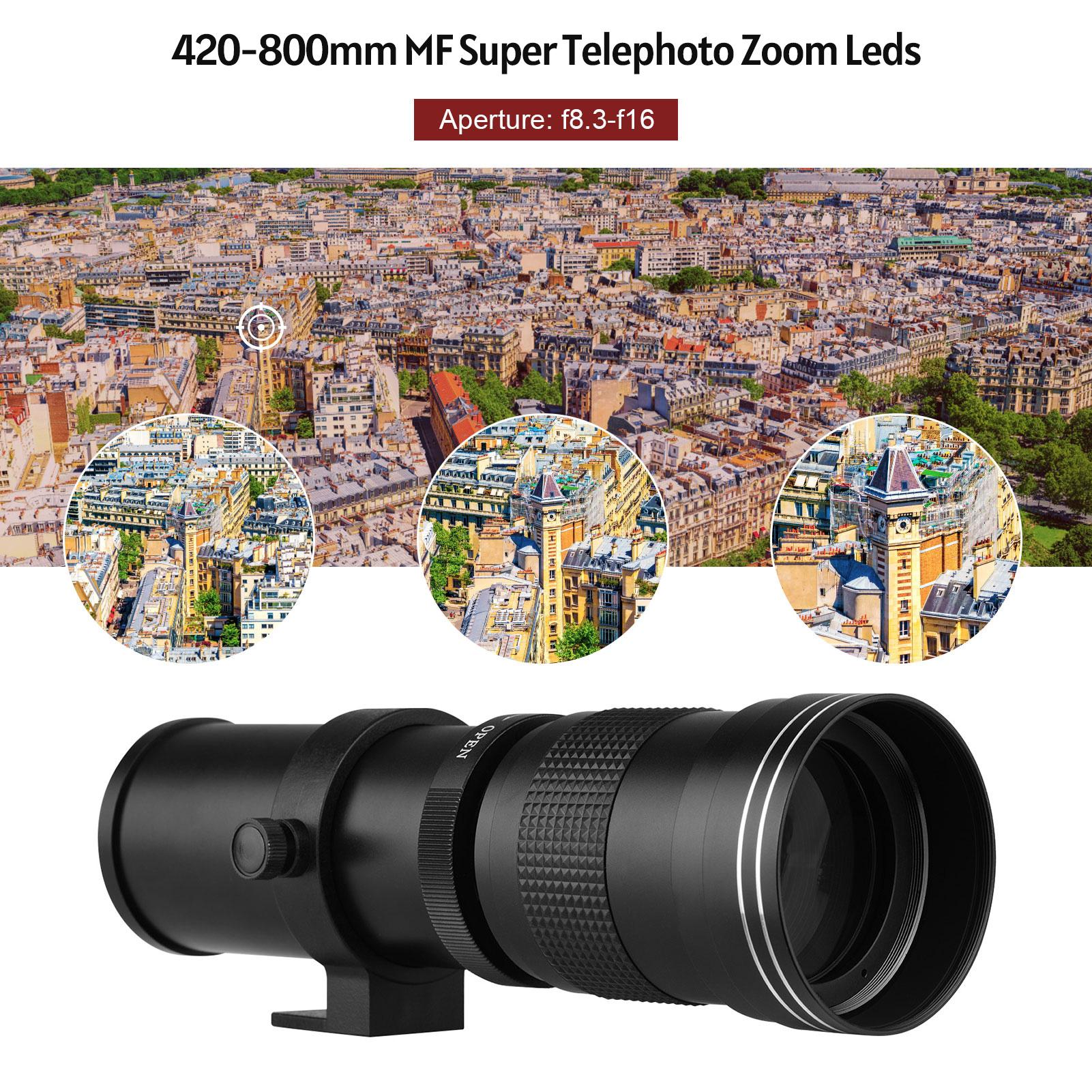 Camera MF Super Telephoto Zoom Lens F/8.3-16 420-800mm T2 Mount with AI-mount Adapter Ring Universal 1/4 Thread