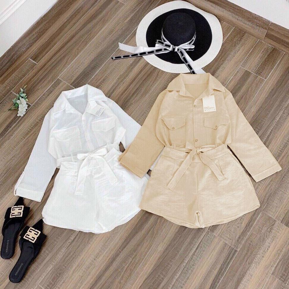 Đầm sơmi cột nơ eo kèm quần short ngắn