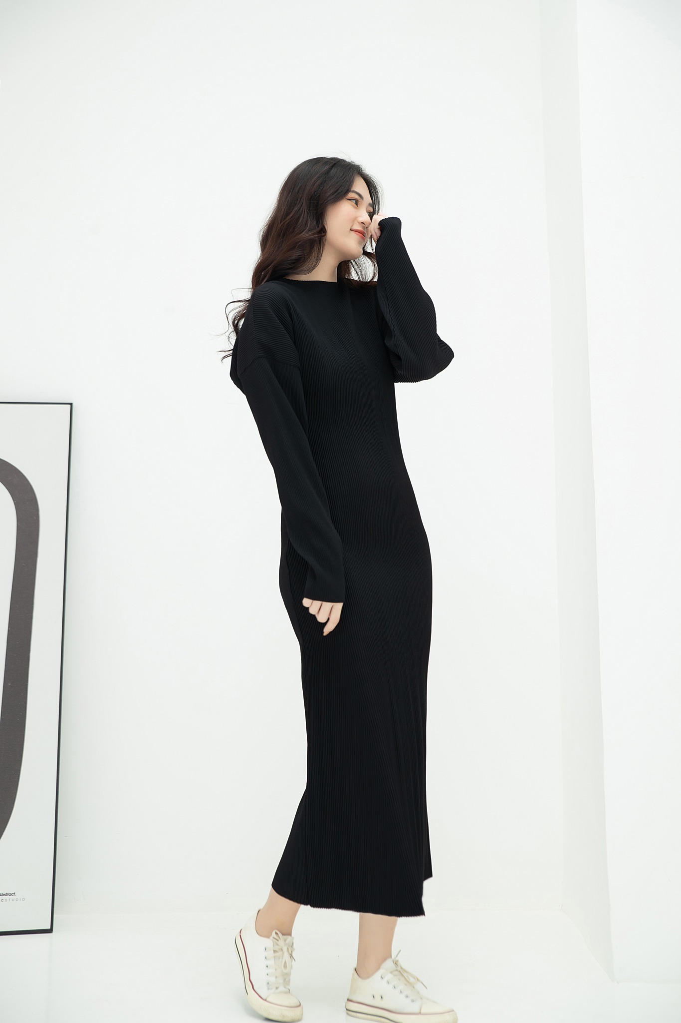 Đầm thun gân đen NGADO , đầm thun nữ , đầm midi , đầm dạo phố